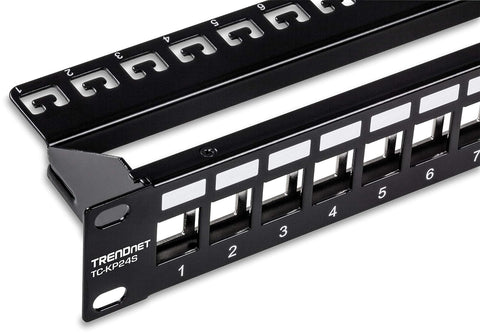 TRENDnet 24-Port Blank Keystone Shielded 1U Patch Panel, 1U 19" Rackmount Housing, Protects Against EMI/RFI Noise, Recommended with TC-K06C6A Cat6A Keystone Jacks (Sold Separately), Black, TC-KP24S