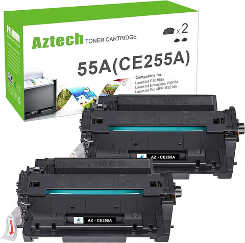 Aztech Compatible Toner Cartridge Replacement for HP 55A 55X CE255A CE255X Toner for HP P3015 P3015dn P3015x Pro 500 MFP M521dn M521dw M521 M525 Toner Printer (Black, 2-Pack)