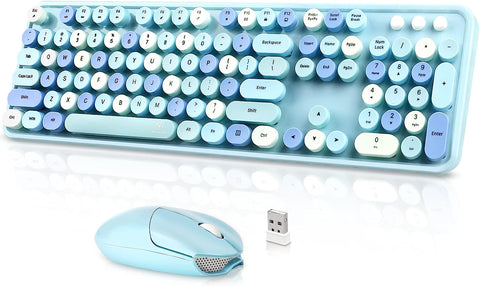 FUNZING Wireless Keyboard and Mouse Combo, Blue Colorful Retro Typewriter 2.4GHz Full Size Keyboard Mice for Windows/Computer/Desktop/Mac/PC