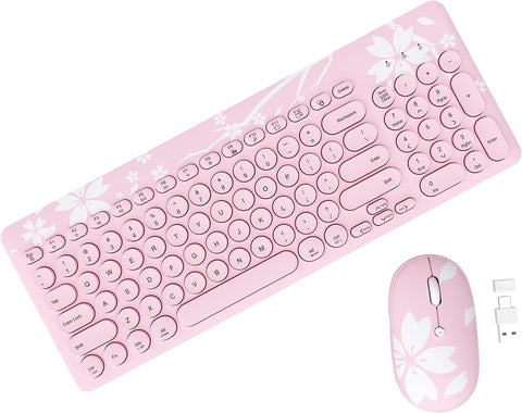 Mytrix Cute Sakura Pink Wireless Keyboard Mouse Combo, Retro Type-Writer Keys, 2.4G USB Slim Keyboard Mouse Set with Numeric Keypad for Computer, Laptop, Desktops, Pc, Mac(KMCS01)