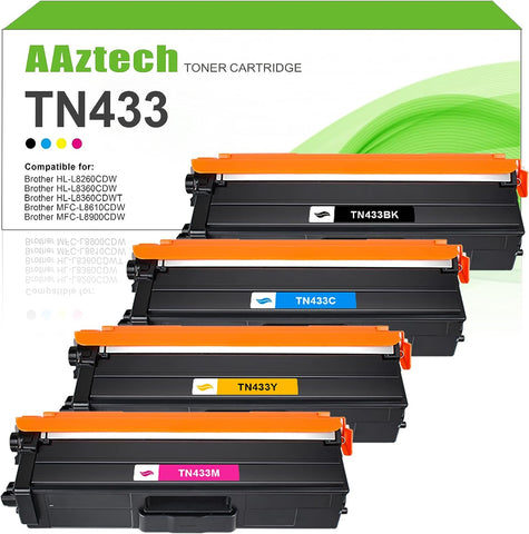 A Aztech Compatible TN433 Toner Cartridge Replacement for Brother TN433 TN-433 TN433BK TN431 MFC-L8900CDW HL-L8360CDW HL-L8260CDW MFC-L8610CDW HL-L8360CDWT Printer (Black Cyan Yellow Magenta 4-Pack)