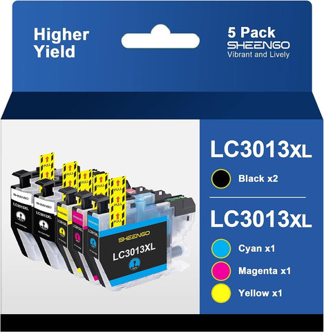 LC3011 LC3013 5PKS High Yield Compatible Ink Page Yield Up to 400 Pages/Cartridge Includes 2 Black, 1 Cyan,1 Magenta,1 Yellow for Brother LC3013 Ink Cartridges for MFC-J491DW MFC-J497DW MFC-J895DW