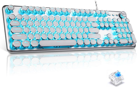 Alkem Mechanical Gaming Keyboard with 30 LED Backlits White Retro Typewriter Keyboard Full-Size 104 Keys USB Wired Retro Steampunk Keyboard Blue Switch Ergonomic Keyboard Metal Panel (Silver)