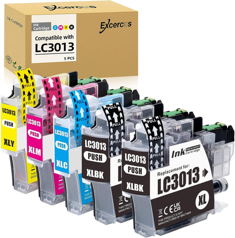 EXCERCUS 5 Pack Compatible Ink Cartridge Replacement for Brother LC3013 LC3011 LC-3013 High Yield Compatible with MFC-J491DW MFC-J497DW MFC-J895DW MFC-J690DW (2 Black,1 Cyan, 1 Magenta, 1 Yellow)