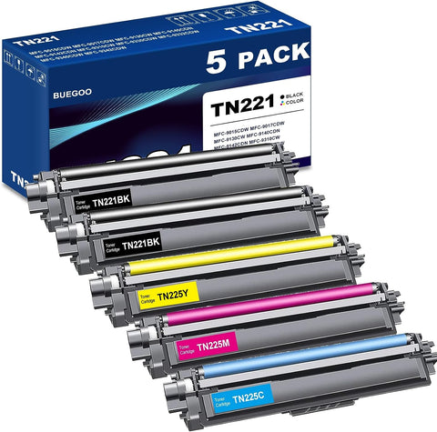 TN221/TN225 BK/C/M/Y Toner Cartridge Set, TN-221 TN-225 Compatible with Brother DCP-9015 9020|HL-3140 3150 3170 3180|MFC-9130 9140 9330 9340 Printer (5-Pack 2BK+1C+1M+1Y)