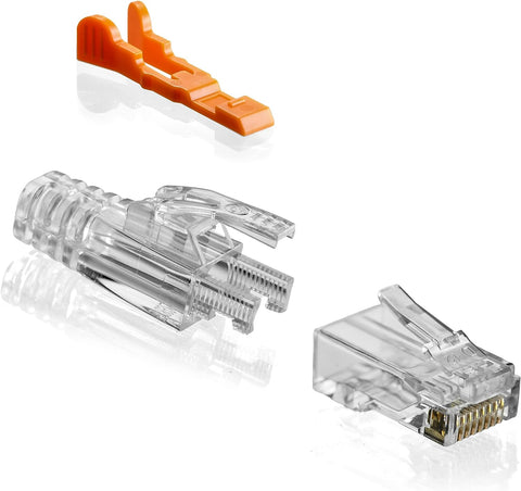 NTW Gold Plated Lockable CAT6/6a RJ45 Pass Through Connectors (50 Pack), EZ to Crimp Modular Plug with Boots for Solid or Stranded UTP 23/24 AWG Cable