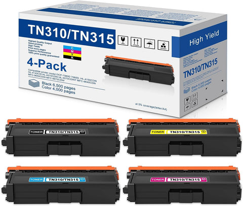 TN315 TN310 High Capacity Toner Cartridge (4-Pack, BK/C/M/Y) Replacement for Brother HL-4140CW 4150CDN 4570CDW 4570CDWT MFC-9640CDN 9650CDW Printer - TN315K TN315C TN315M TN315Y