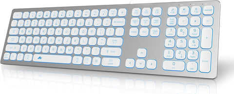 POWZAN Aluminum Quiet Wired Keyboard Backlit- Slim Chiclet Keyboard Compatible with Apple iMac, MacBook, Mac and PC, USB Keyboard Numeric Keypad RGB Lighted Key - Silver White