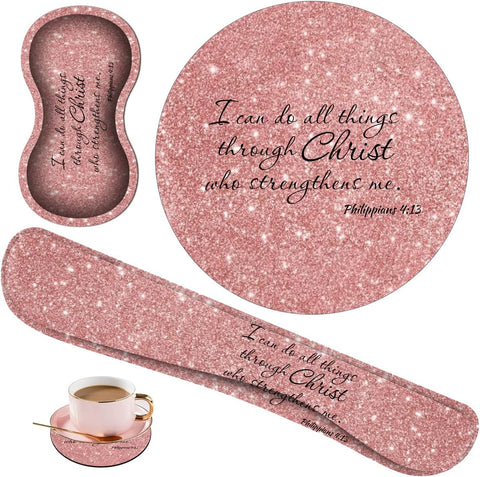Gorzzt Keyboard Wrist Rest + Round Mouse Pad + Wrist Rest Support + Coaster, Ergonomic Memory Wrist Rest Support 4-Piece Combo Set for Gaming and Office, Bible Verse Pink Phil 4-13