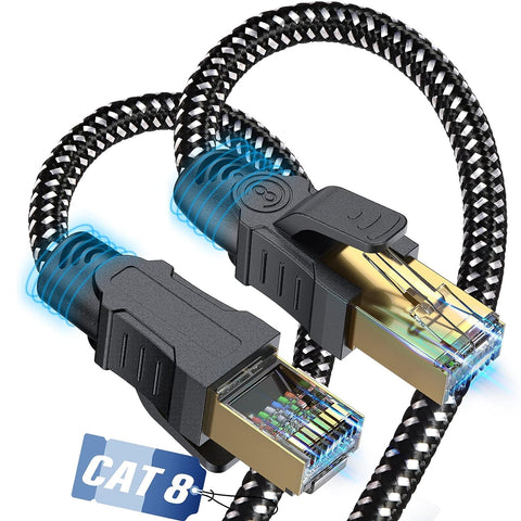Cat 8 Ethernet Cable 35ft,Nylon Braided High Speed Heavy Duty 40Gbps 2000Mhz 26AWG Network LAN Patch Cord SFTP RJ45 Internet Cable Shielded in Wall, Indoor&Outdoor for PC,TV,Gaming,Router,Modem,PS5/4
