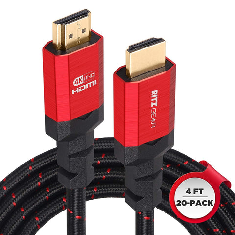 4K HDMI 2.0 Cable 4 ft. [20 Pack] by RitzGear. 18 Gbps Ultra High Speed Braided Nylon Cord & Gold Connectors - 4K@60Hz/UHD/3D/2160p/1080p/ARC & Ethernet. Compatible with UHD TV/Monitor/PC/PS5/Xbox