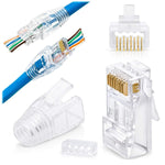 GTZ RJ45 Cat6/6a Pass Through Connectors for a Thick 23 AWG Large Diameter UTP Cable & Strain Relief Boots Pack of 100/100 - Collar Insert Guides Included