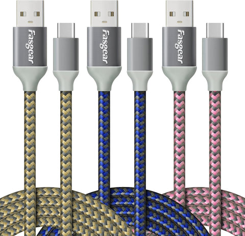 Fasgear USB C Cable 3 Pack 6ft 3A Fast Charging Nylon Braided USB 2.0 Type C Cord Compatible for Galaxy S22 S21 Ultra S10, LG G8 G7, USB C Charger, PS5 Controller(Blue,Pink,Gold)