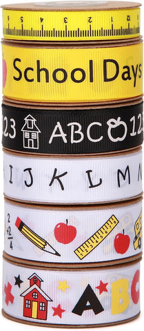 Meseey Back to School Themed Grosgrain Ribbon Ruler School Bus Apple ABC Pencil Backpack Books Chalkboard Printed Craft Ribbons for Teacher Appreciation,Wreath,Gift Wrapping (6 Rolls 30yards)