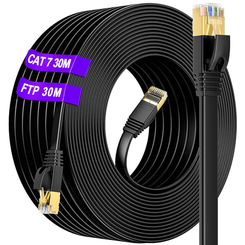 Cat 7 Ethernet Cable 100FT High Speed Outdoor Cat 7 LAN Network Cable 10Gbps 600Mhz with Gold Plated RJ45 Connector, Weatherproof S/FTP Double Shielded UV Resistant for Router (30 Free Clips, 30M)