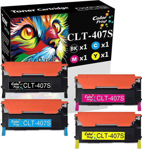 4-Pack ColorPrint Compatible Toner Cartridge Replacement for Samsung CLP325 CLT407S CLT-407S 407S Work with CLP-325 CLP-320 CLP-320N CLP 325W 326 CLX-3180 CLX-3185FW CLX-3185N CLX-3186 Printer (BCMY)