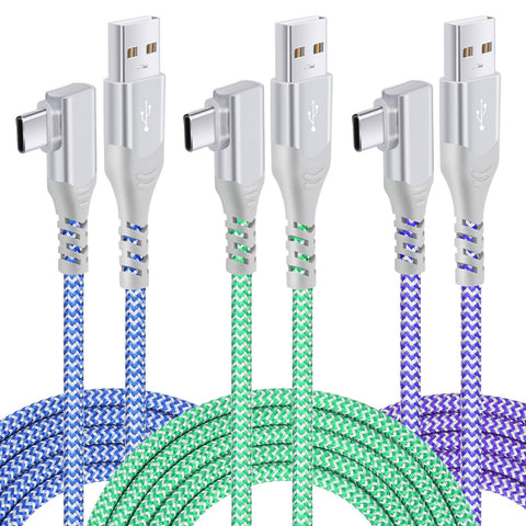 Right Angle USB C Cable Fast Charging(3-Pack 10ft), Pofesun 90 Degree USB A to Type C Charger Cable Charging Cord Compatible for Samsung Galaxy S20 S10 S9 S8 Plus Note 9,LG G8 G7 V40-Blue,Green,Purple