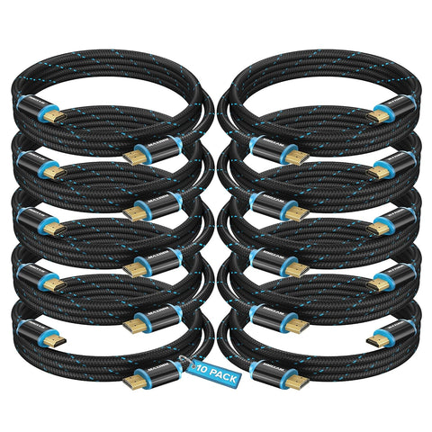 HDMI Cable 4K Ultra HD 3 Foot (10 Pack) Nylon Braided HDMI 2.0 Cable, High Speed 18Gbps 4K@60Hz HDR, 3D, 2160p, 1080p, HDCP 2.2, ARC, HDMI Cables for Monitors, HDTV