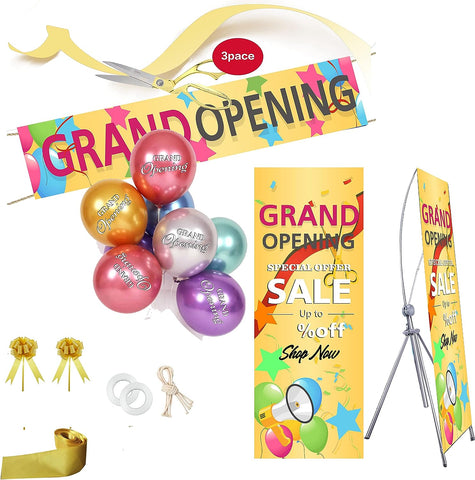 Latest Promotional Grand Opening Ribbon Cutting Kit - Promotional Display Stand, 10.5" 3 Person Ribbon Cutting with Gold Ribbon, Banner, Bow, Special Event Metal Balloons, Store Opening (New Yellow )