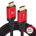 4K HDMI 2.0 Cable 30 ft. [5 Pack] by RitzGear. 18 Gbps Ultra High Speed Braided Nylon Cord & Gold Connectors - 4K@60Hz/UHD/3D/2160p/1080p/ARC & Ethernet. Compatible with UHD TV/Monitor/PC/PS5/Xbox