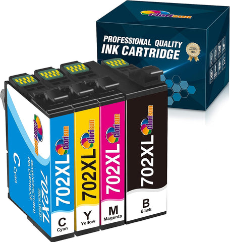 Clorisun 702 702XL Ink Cartridge Replacement for Epson 702 702XL T702 with Workforce Pro WF-3720 WF-3730 WF-3733 Printer (Black Cyan Magenta Yellow, 4-Pack)