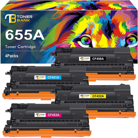 Toner Bank Compatible Toner Cartridge Replacement for HP 655A CF450A CF451A CF452A CF453A Color Enterprise M652 M653 M681 M652dn M653dn MFP M681z M681f Printer Ink (Black Cyan Yellow Magenta, 4-Pack)