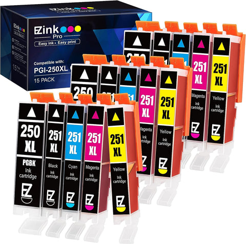 E-Z Ink Pro PGI-250XL CLI-251XL Compatible Ink Cartridges Replacement for Canon 250 251 XL for Pixma MX922 MX920 IP8720 iX6820 MG5520 MG6620 MG7520 MG7120 (PGBK Black Cyan Magenta Yellow, 15 Pack)