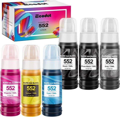 ecodot Compatible Refill Ink Bottles Replacement for Epson 552 T552 Use with ET-8550 ET-8500 Printer (6-Pack)