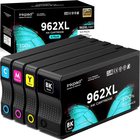 962XL 962 XL High-Yield Ink Cartridges, Replacement for HP 962 962 XL Ink Cartridges Combo Pack (4 Pack, 1BK/1C/1M/1Y), Upgraded Chip, for OfficeJet Pro 9010 Series 9010 9015 9018 9020 9025 Printer