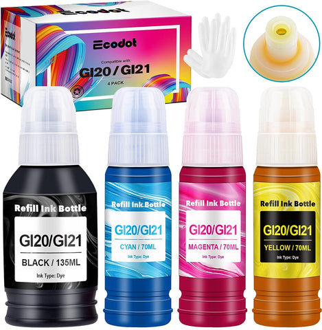 ecodot Compatible Refill Ink Bottles Replacement for Canon GI-21 GI21 GI-20 for G3260 G2260 G1220 All-in-One Wired Supertank(MegaTank) Printers (1 Black,1 Cyan,1 Magenta,1 Yellow, 4 Pack)