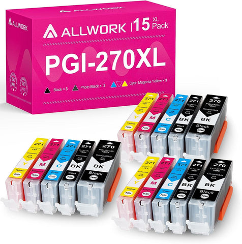 ALLWORK Compatible PGI-270XL CLI-271XL Ink Cartridge Replacement for Canon PGI 270 XL CLI 271 XL to use with PIXMA MG6820 MG5720 (3 Large Black,3 Small Black,3 Cyan,3 Magenta,3 Yellow) 15 Pack