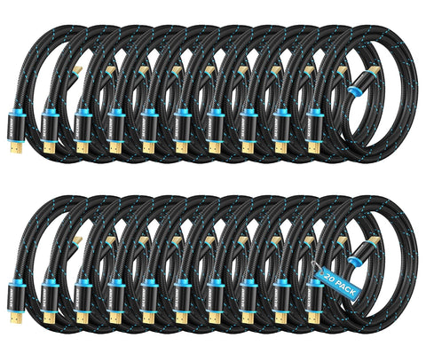 HDMI Cable 4K Ultra HD 3 Foot (20 Pack) Nylon Braided HDMI 2.0 Cable, High Speed 18Gbps 4K@60Hz HDR, 3D, 2160p, 1080p, HDCP 2.2, ARC, HDMI Cables for Monitors, HDTV