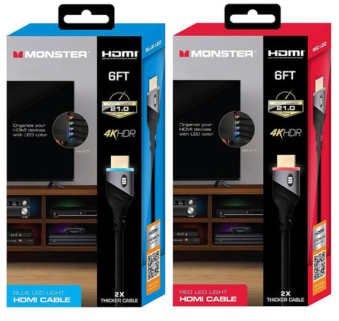 Monster 6ft High Speed 4K HDR Hdmi Cables with Built-in Led Light, Blue and Red Lighted Cables