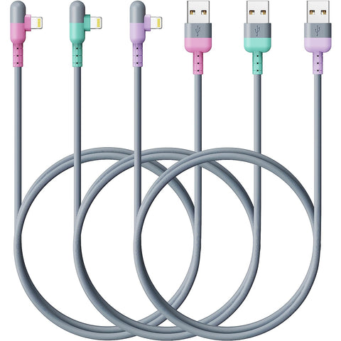 3Colors iPhone Charger Lightning Cable 6FT 3Packs 90 Degree Right Charging Cord, Apple MFi Certified for Apple Charger, iPhone 13/12/11/SE/Xs/XS Max/XR/X/8 Plus/7/6 Plus