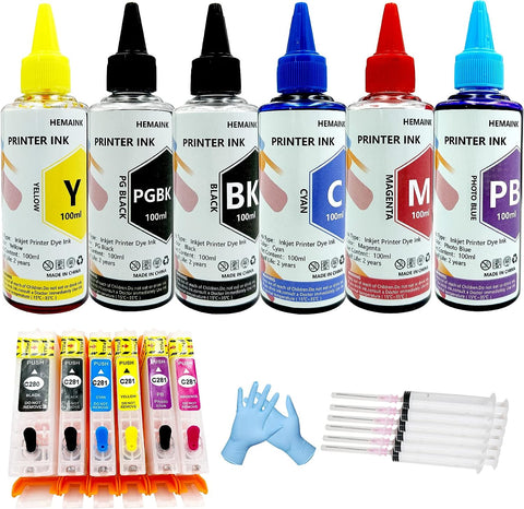 HEMAINK Empty Refillable Ink Cartridge and 6 Bottles Ink Compatible for Canon 280xxl 281xxl PGI-280XXL CLI-281XXL for PIXMA TS9120 TS8120 TS8220 TS8320 Printer ( PGBK,BK,C,M,Y,Photo Blue ) 6 Colors