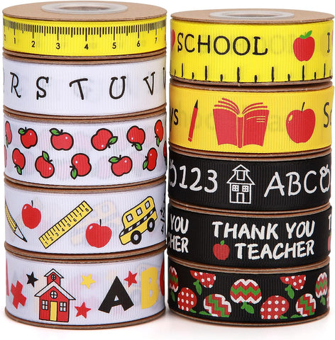 Meseey Back to School Themed Grosgrain Ribbon Ruler School Bus Apple ABC Pencil Backpack Books Chalkboard Printed Craft Ribbons for Teacher Appreciation,Wreath,Gift Wrapping (School Theme Set)