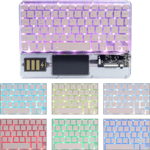 Justdfine Ultra-Slim Bluetooth Keyboard 7 Colors Backlit Portable Mini Wireless Keyboard Rechargeable for Apple iPad iPhone Samsung Tablet Phone Smartphone iOS Android Windows-Transparent