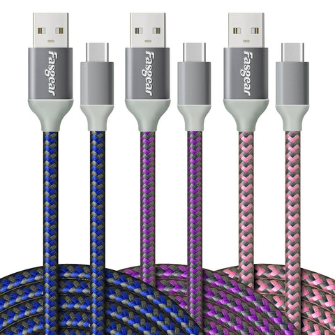 Fasgear USB C to USB A Cables 3 Pack 10ft Long 3A Fast Charging Type C 2.0 Charger Cord Nylon Braided Compatible with Galaxy S20 Note 10 S9 S8 A70 A60 A51/LG V20 G6/Moto G/PS 5 (Blue Purple Pink)