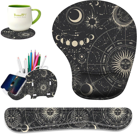 Keyboard Wrist Rest Pad Ergonomic Mouse Pad Set,Non-Slip PU Base for Laptop, Home, Gaming, Office,Matching Elephant Pen Holder and Cup Coaster(Sun and Moon)