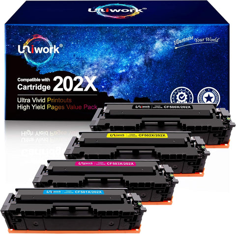 Uniwork Compatible 202X M281fdw Toner Cartridge Replacement for HP 202X 202A CF500X CF500A Compatible with Laserjet Pro MFP M281fdw M281cdw M254dw M281 M281dw M280nw Toner Printer (B/C/M/Y, 4 Pack)