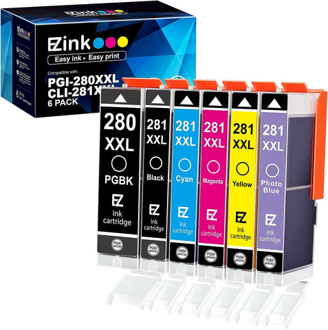 E-Z Ink (TM Compatible Ink Cartridge Replacement for Canon PGI-280XXL CLI-281XXL PGI 280 XXL CLI 281 XXL to use with PIXMA TS8320 TS8220 TS8120 (PGBK, Black, Photo Blue, Cyan, Magenta, Yellow) 6 Pack