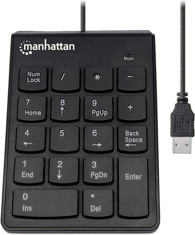 Manhattan Wired USB Numeric Keypad – 18 Full Size Keys & Ultra Slim Lightweight Ergonomic Number Pad Design - for Laptop, Desktop, Computer, PC – 3 Yr Mfg Warranty - Black, 179911