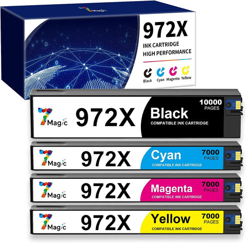 7Magic Compatible Replacement for HP 972X Ink Cartridge for HP 972A Ink Cartridge 972 972XL for HP PageWide Pro 477dw 477dn 477 dw 577dw 452dw 452dn 577z 552dw Printer (Black Cyan Magenta Yellow)