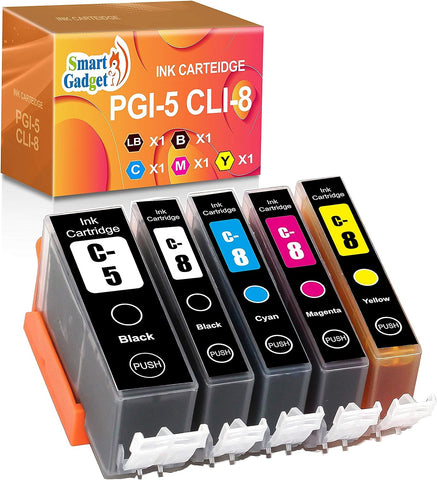 Smart Gadget PGI 5 CLI 8 [5 Pack] Compatible Ink Cartridge for Canon PGI-5 CLI-8 PGI5 CLI8 for Pixma iP6700D iX4000 iX5000 MP500 MP800R iP4200 iP4300 | XLBK Small BK Cyan Magenta Yellow, 5 Pack |