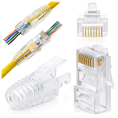 GTZ RJ45 Cat6 Pass Through Connectors and Strain Relief Boots - Pack of 50/50 - EZ to Crimp Modular Plug for Solid or Stranded UTP Network Cable