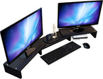 Computer Monitor Stand Riser for 2, Dual, Double, 3, Triple, Multi, Multiple Desktop Monitors with Adjustable Length & Angle, Laptop Corner Stands Lift Organizer, Long Wood Black Shelf Desk Storage