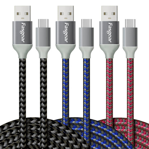 Fasgear USB C to USB A Cables 3 Pack 10ft Long 3A Fast Charging Type C Charger Cord Nylon Braided Compatible with Galaxy S21 Note 10 S9 S8 A70 A60 A51/LG V20 G6/Moto Z/PS 5 (Blue/Black/Rose)