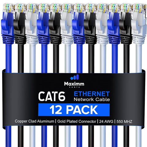 Maximm Cat 6 Ethernet Cable 20 Ft, (12-Pack) Cat6 Cable, LAN Cable, Internet Cable and Network Cable - UTP (Multicolor)