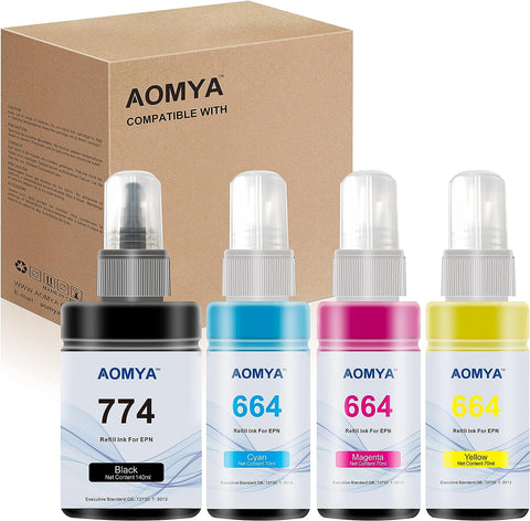 Aomya Compatible Ink Bottle Replacement for EPN 774 664 T774 T664 High Yield to use with ET-2650, ET-16500, ET-4500, ET-2550, ET-3600, ET-2600, ET-4550 (Black, Cyan, Magenta, Yellow, 4 Pack)