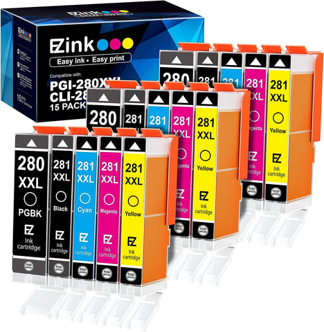 E-Z Ink (TM) Compatible Ink Cartridge Replacement for Canon PGI-280XXL CLI-281XXL to use with PIXMA TR7520 TR8520 TS6120 TS6220 TS6320 TS8120 TS8220 TS9120 TS9520 TS9521C Printer (15 Pack)